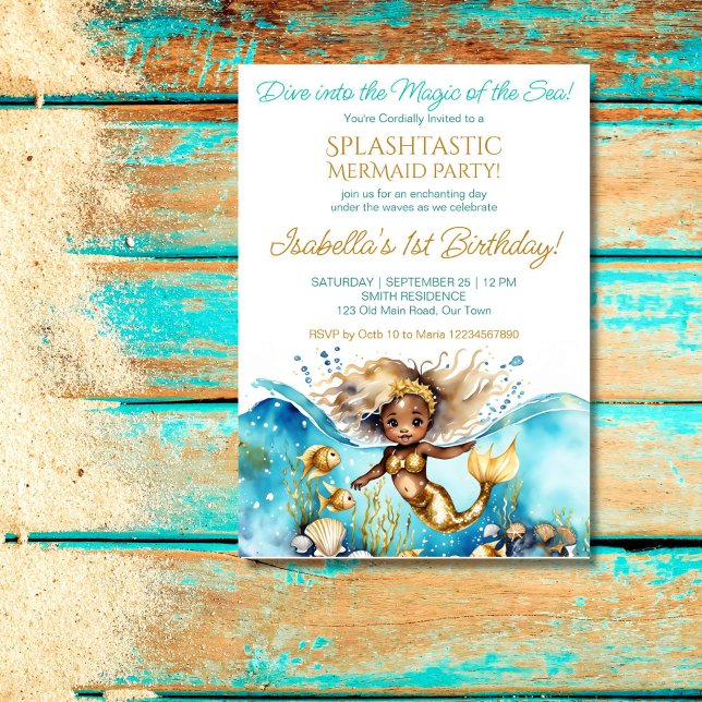 Invitation Sirène sous la mer mignonne Fête Africaine de peti (Mermaid under the sea birthday party template invitation cute African baby girl withg old  seashells)