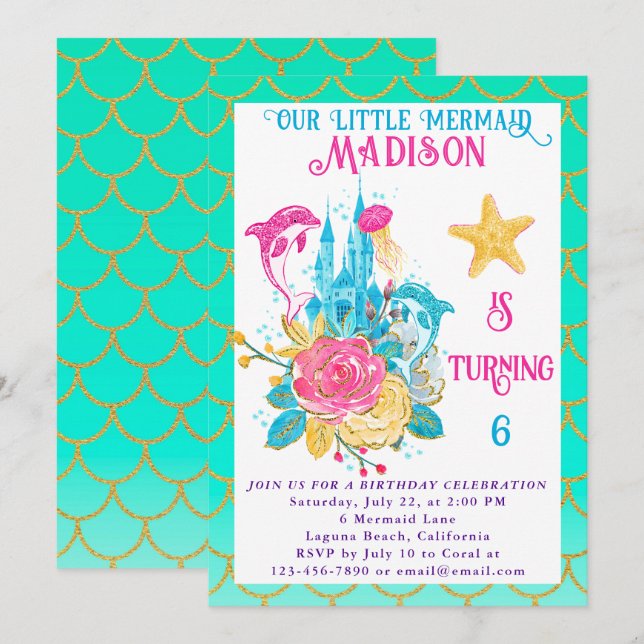 Invitation Sirène sous la mer Turquoise et or Anniversaire (Devant / Derrière)