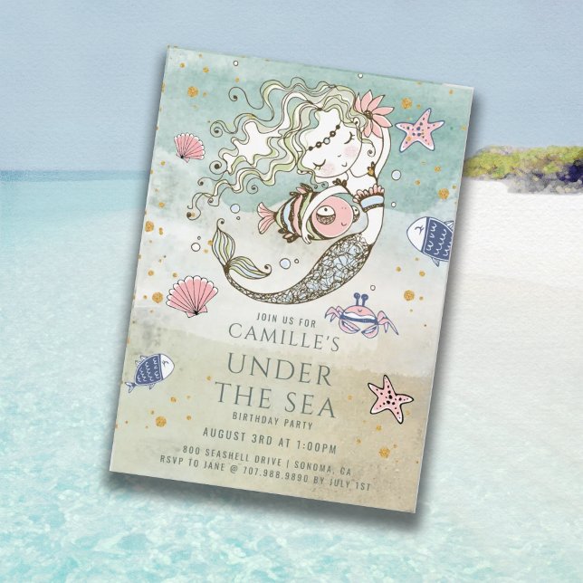 Invitation Sirène sous la Parties scintillant d'or de la mer  (Créateur téléchargé)
