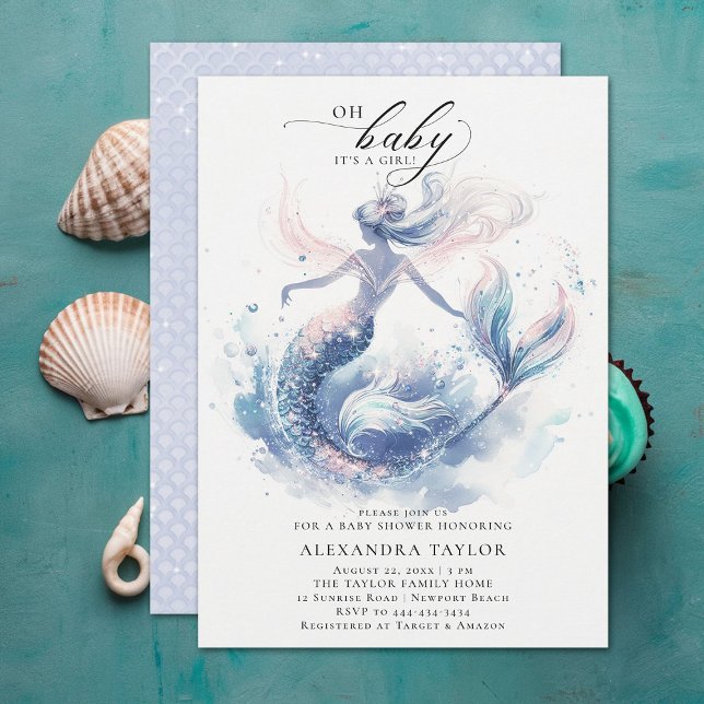Invitation Sirène Sous Le Baby shower Élégant Chic Girl De Me (under the sea mermaid girl baby shower invitation elegant watercolor modern classy chic)