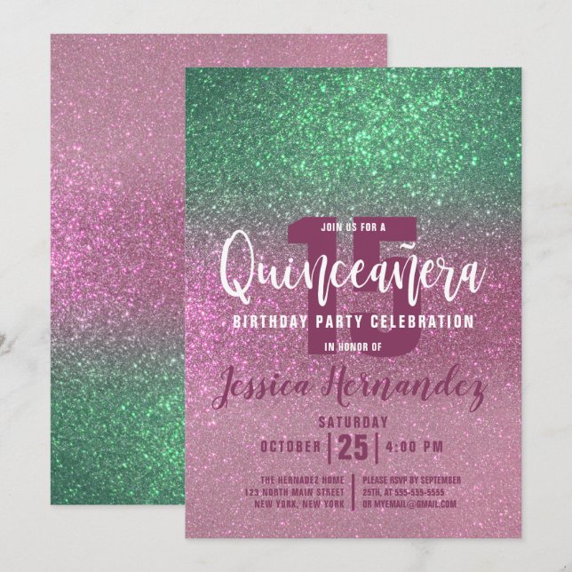 Invitation Sirène Vert Rose Triple Paillettes Quinceañera (Devant / Derrière)