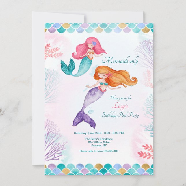 Invitation Sirènes uniquement fête d'anniversaire (Devant)