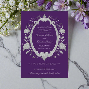 Invitation Site Web de Mariage Orné Argent Floral Prune