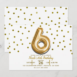 Invitation SIX 6 Ballon Doré & Confettis Fête d'anniversaire