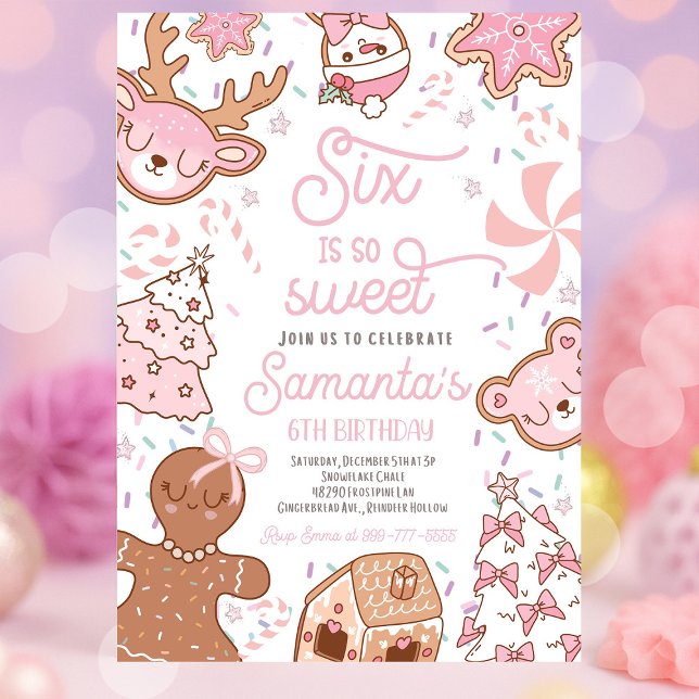 Invitation Six C'Est Si Douce Noël Cookie Anniversaire Fête (Six Is So Sweet girl Christmas cookie birthday party with festive holiday décor, colorful cookies, a)