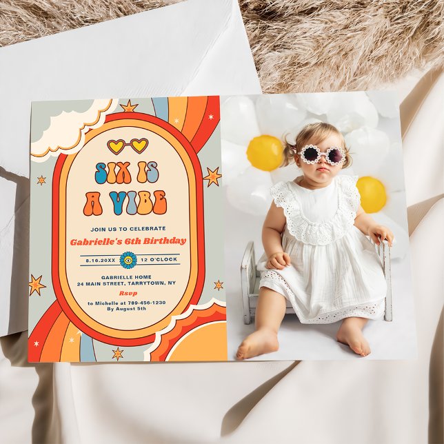 Invitation Six Is A Vibe Groovy Retro Rainbow 6e anniversaire (Créateur téléchargé)