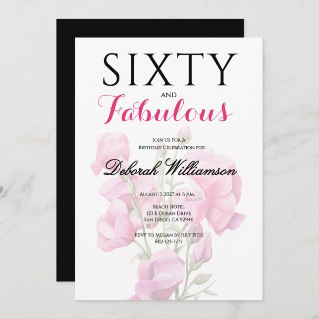 Invitation Sixty and Fabulous Black Pink 60th Birthday  (Devant / Derrière)