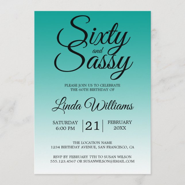 Invitation Sixty and Sassy Teal Ombre 60th Birthday (Devant)