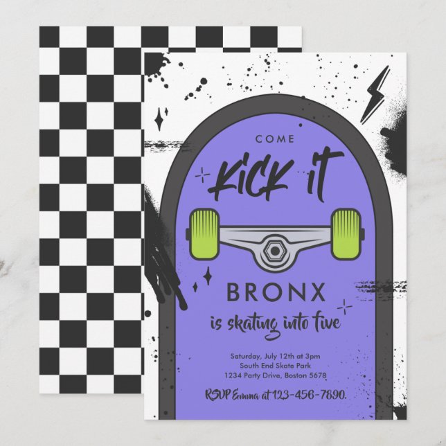 Invitation Skateboard Come Kick It Urban Sport Fête d'anniver (Devant / Derrière)