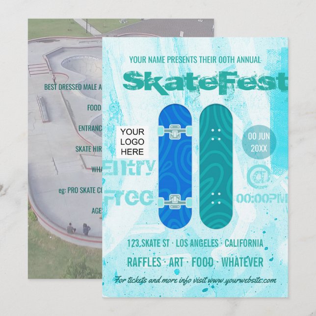Invitation Skateboard Event Annonce ajouter photo et logo (Devant / Derrière)