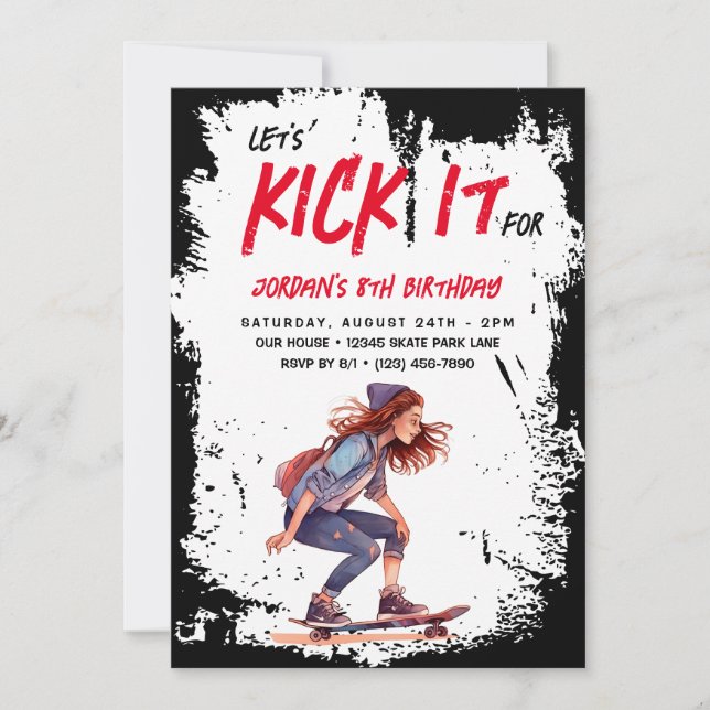 Invitation Skateboard Photo Grunge Skate Girls Birthday Party (Devant)