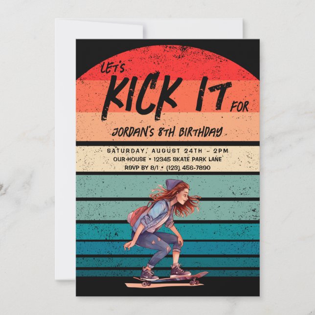 Invitation Skateboard Retro Sunset Photo Girls Birthday Party (Devant)