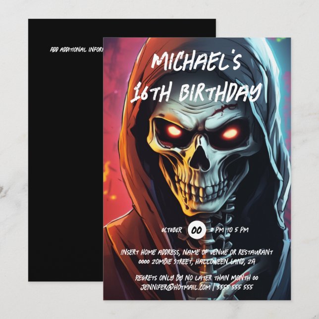 Invitation Skeleton assassin halloween thème anniversaire fêt (Devant / Derrière)