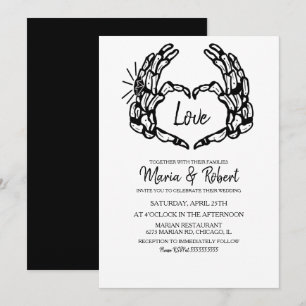 Invitation Skeleton noir Coeur main avec anneaux Mariages
