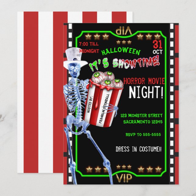 Invitation Skeleton Popcorn Eyeballs Halloween Soirée cinéma (Devant / Derrière)