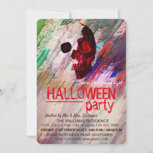 Invitation Skeleton Rouge Peint Halloween Aquarelle RetroArt