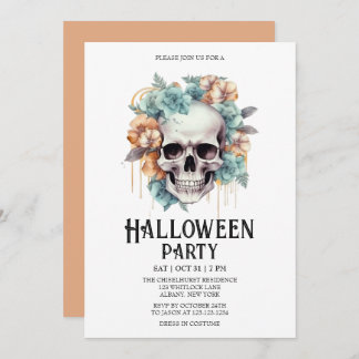 Invitation Skeleton Skull Flowers Mint Halloween Party
