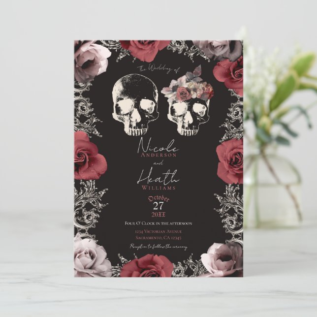 Invitation Skeleton Skull Mauve Dusty Rose Mariage gothique (Debout devant)