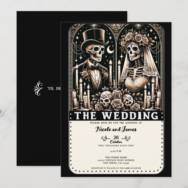 Invitation Skeletons de Tarot MARIAGE Mariée et Salle (Devant / Derrière)