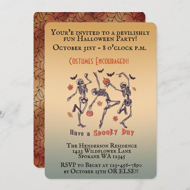 Invitation Skeletons éffrayants - Fête d'Halloween (Devant / Derrière)