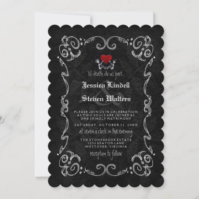Invitation Skeletons et Coeur Mariage "TIL DEATH" (Devant)