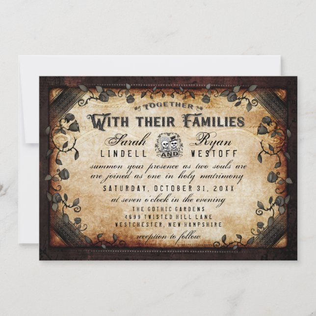 Invitation Skeletons gothiques Brown Mariage "Ensemble avec" (Devant)
