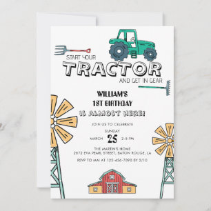 Invitation Sketchy Green Tractor Farm Windmill 1er anniversai