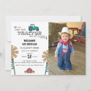 Invitation Sketchy Tractor Farm Windmill Photo 1er anniversai