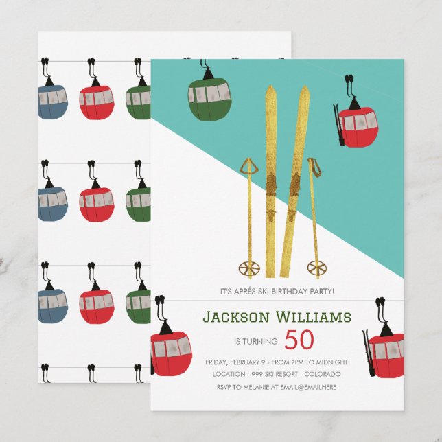 Invitation Ski moderne Vintage Aprés Anniversaire (Devant / Derrière)