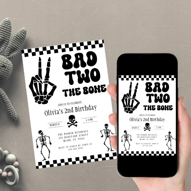 Invitation Skull Skeleton Bad to the Bone 2nd Birthday  (Créateur téléchargé)