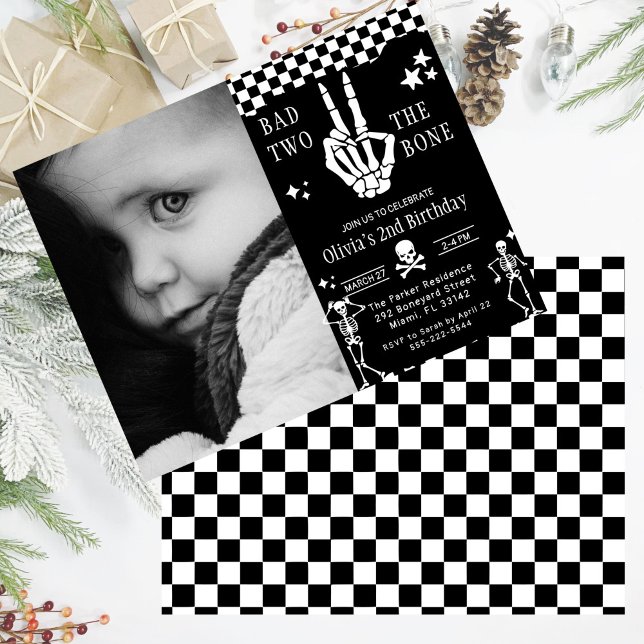 Invitation Skull Skeleton Bad to the Bone 2nd Birthday  (Créateur téléchargé)