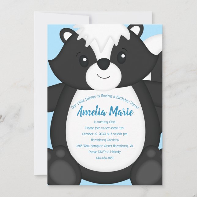 Invitation Skunk Anniversaire Party Blue (Devant)
