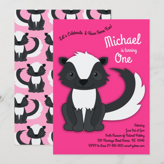 Invitation Skunk Cute Kids 1er Anniversaire Fête Fille Rose (Devant / Derrière)