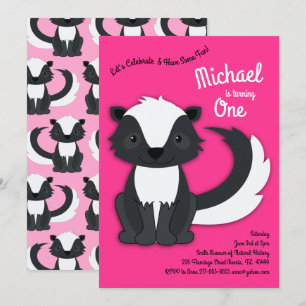 Invitation Skunk Cute Kids 1er Anniversaire Fête Fille Rose