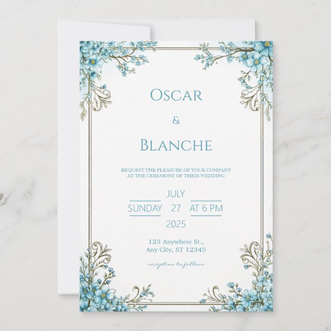 Invitation Sky Blue Blossom Elegant Gold Frame Wedding (Devant)