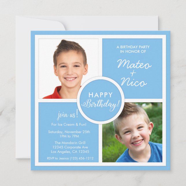 Invitation Sky Blue Carrés Anniversaire Photo (Devant)