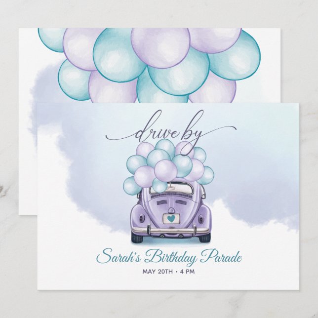 Invitation Sky Blue et Lilac Surprise DriveBy Anniversaire (Devant / Derrière)