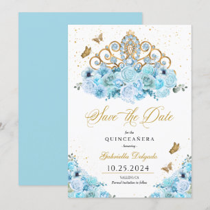 Invitation Sky Blue & Gold Tiara Enregistrer La Date Quinceañ