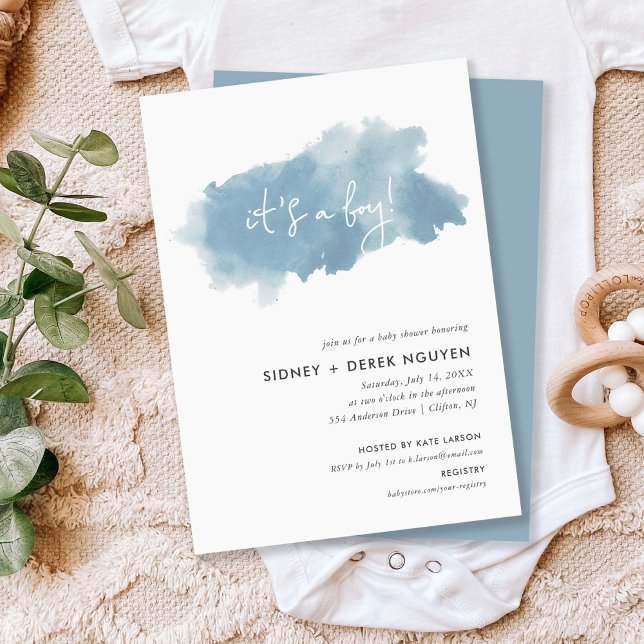 Invitation Sky Blue Watercolor Boy Baby shower (Créateur téléchargé)