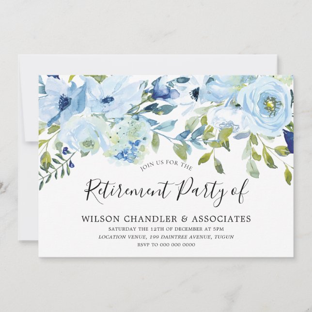 Invitation Sky Blue Watercolor Floral Office Retraite Party (Devant)