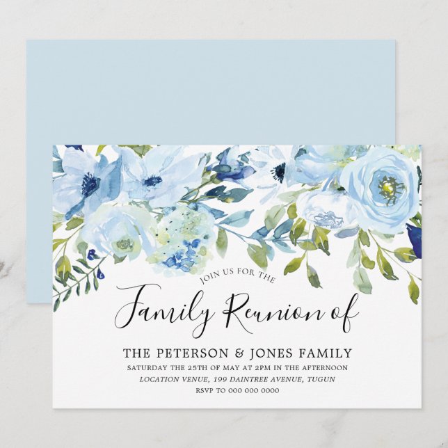 Invitation Sky Blue Watercolor Flowers Réunion en famille (Devant / Derrière)