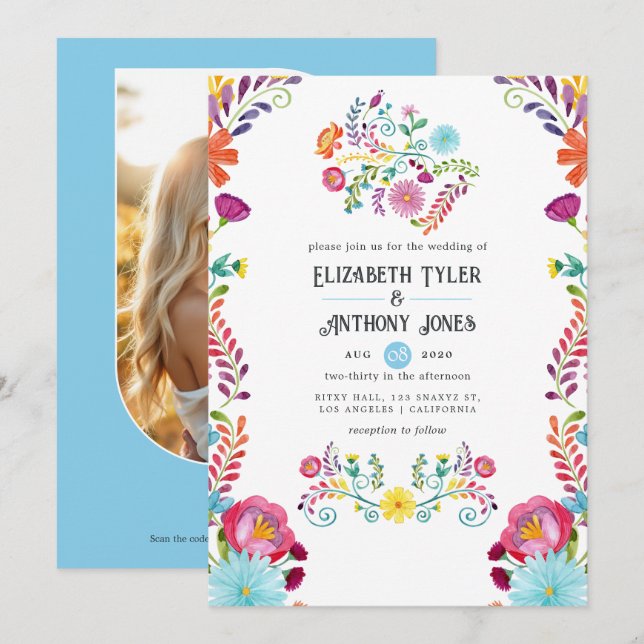 Invitation Sky Blue & White Floral Mexican Fiesta Wedding (Devant / Derrière)