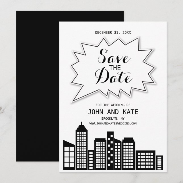 Invitation Skyline noir et blanc Enregistrer la date (Devant / Derrière)