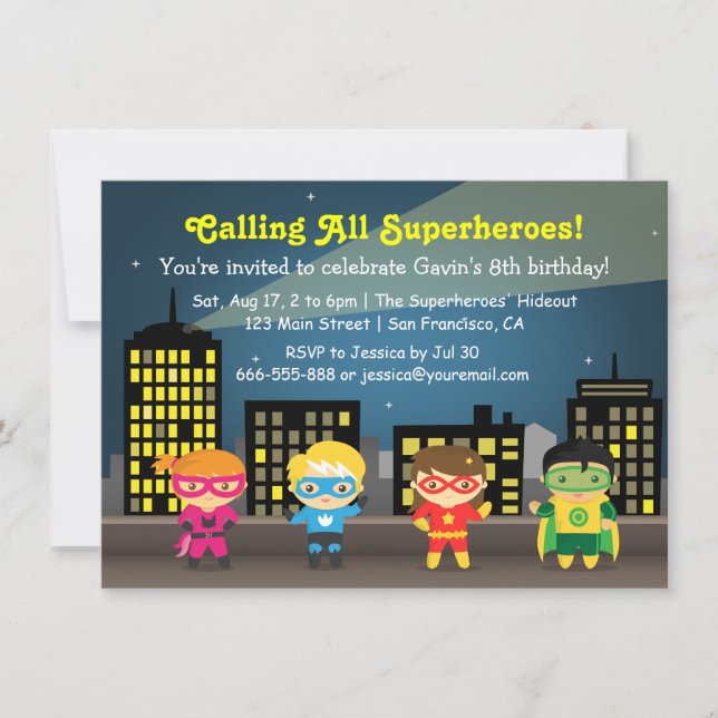 Invitation Skyline Superhero Fête D'Anniversaire Pour Les Enf (Devant)