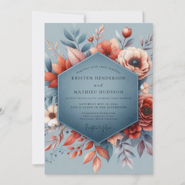 Invitation Slate Blue Autumnal Bloom Wedding (Devant)