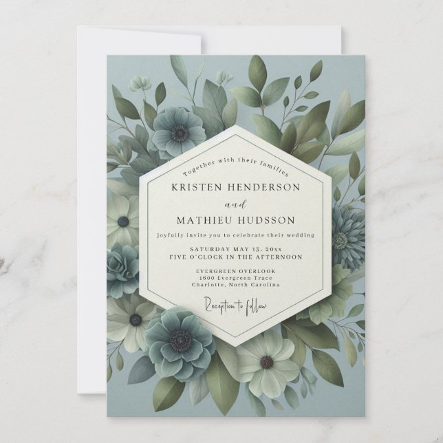 Invitation Slate Blue Ethereal Bloom Wedding (Devant)