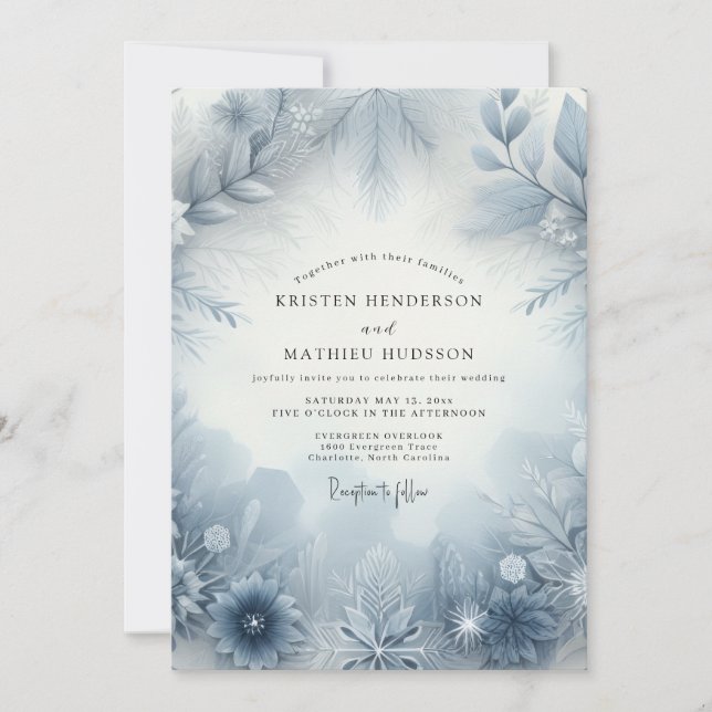 Invitation Slate Blue Frosty Bloom Wedding (Devant)
