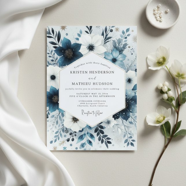 Invitation Slate Blue Frosty Flora Wedding (Créateur téléchargé)