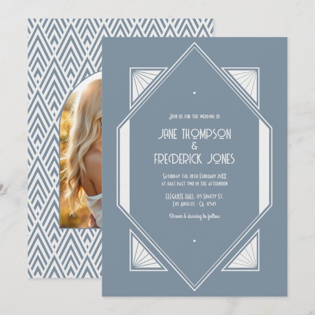 Invitation Slate Blue & Pearl White Art Deco Wedding Photo (Devant / Derrière)