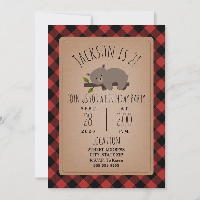 Invitation Sleeping Bear Cub Lumberjack Plaid Anniversaire (Devant)